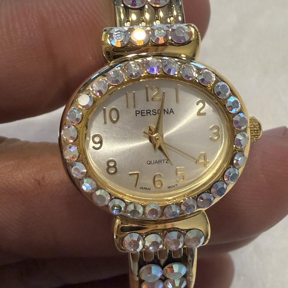 Persona Gold Tone Rhinestone Cuff Bracelet Watch Japan Quartz Women's Working